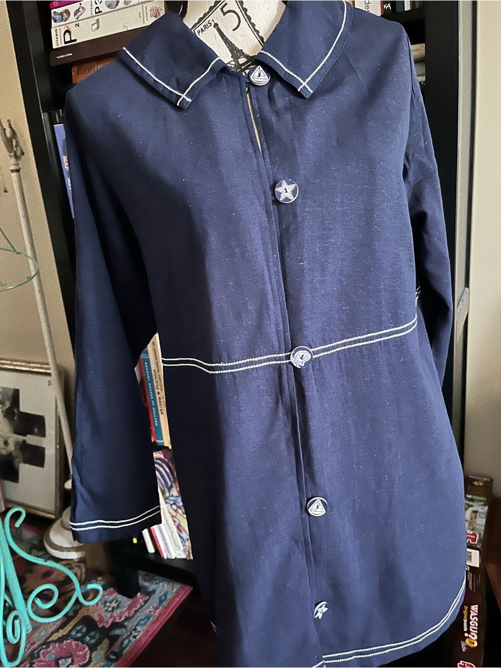 Usindo Linen Blend Peacoat with Contrast Stitching, Navy Collar and Buttons